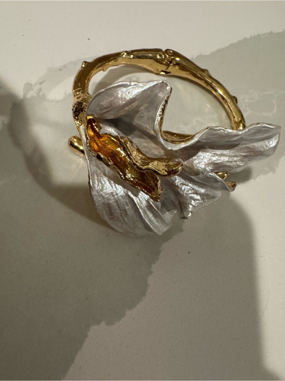 Anthropologie Gold Cuff Bracelet with White Enamel Floral Detail